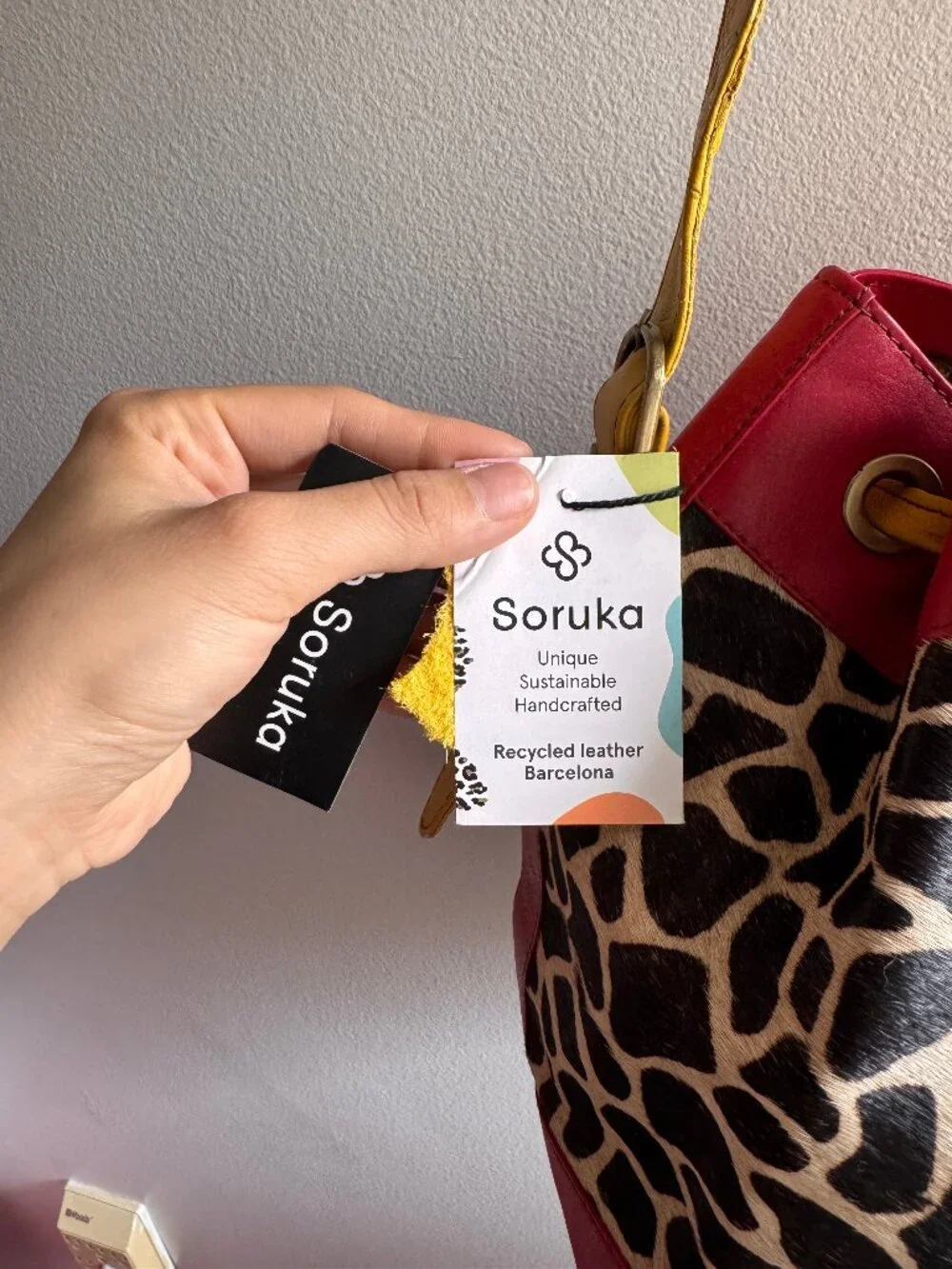 NWT Soruka Giraffe Print Leather Bucket Bag